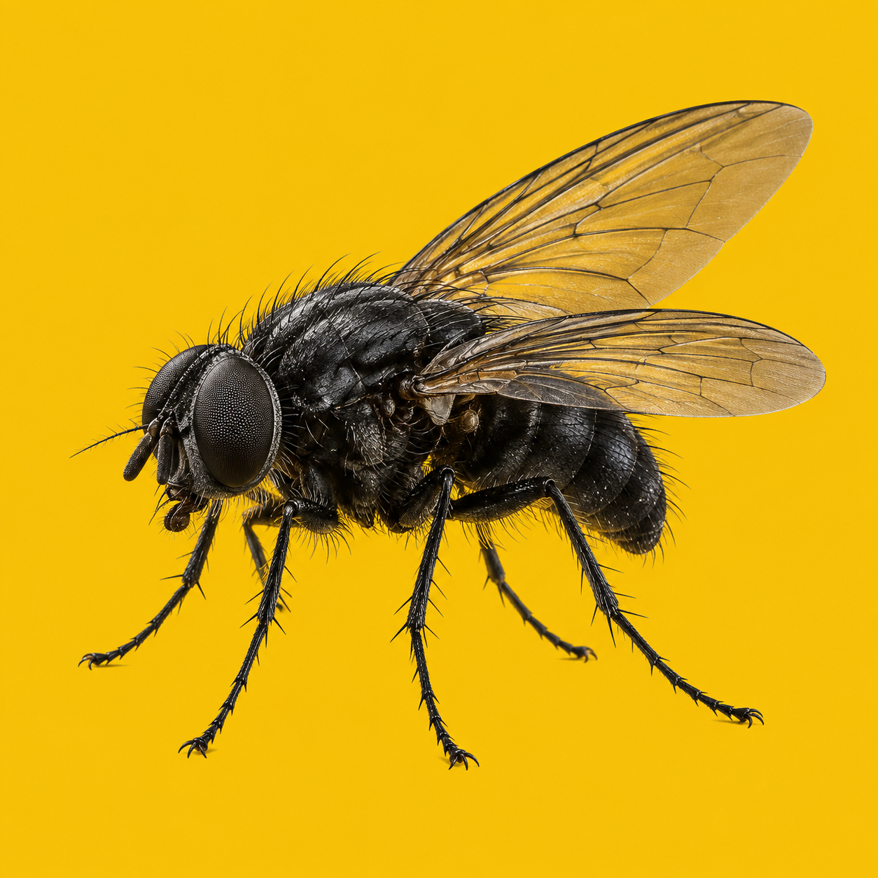 Detailed black fruit fly on a Binance-yellow background
